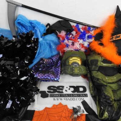 14 pc Costumes, master Chief, Scythe, Witches Hat, Blue Dress