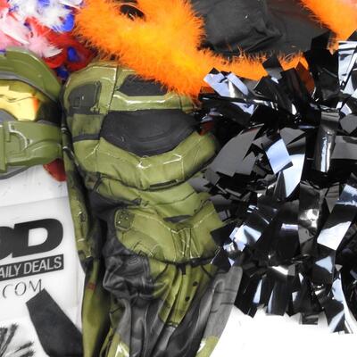 14 pc Costumes, master Chief, Scythe, Witches Hat, Blue Dress