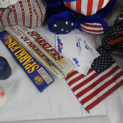 16+ Patriotic Decor: Bear, Wreaths, Sparklers, Baskets, Doll, Flag Pillow