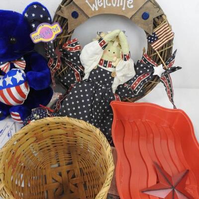16+ Patriotic Decor: Bear, Wreaths, Sparklers, Baskets, Doll, Flag Pillow