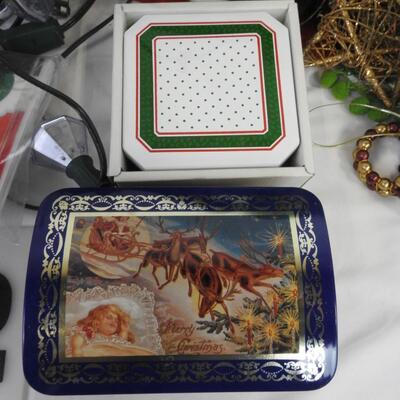 Holiday Lot: Holly Cups, Season's Greetings Tin, Coasters