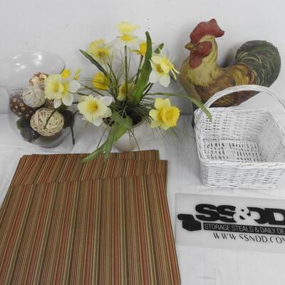 10 pc Home Decor: White Wicker Basket, Placemats, Paper Rooster Statue