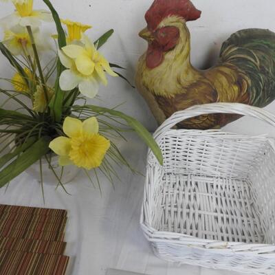 10 pc Home Decor: White Wicker Basket, Placemats, Paper Rooster Statue