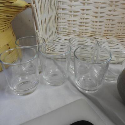 14 pc Home Goods, Baskets, Cobalt Mugs, Wooden Cutting Board