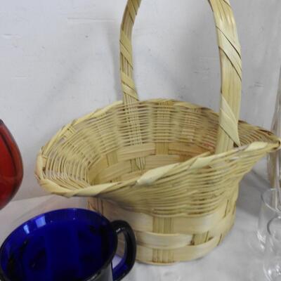 14 pc Home Goods, Baskets, Cobalt Mugs, Wooden Cutting Board
