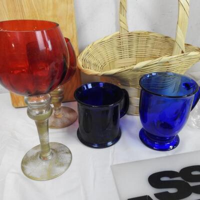 14 pc Home Goods, Baskets, Cobalt Mugs, Wooden Cutting Board