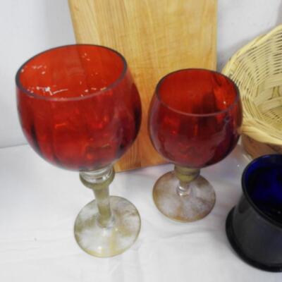 14 pc Home Goods, Baskets, Cobalt Mugs, Wooden Cutting Board