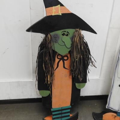 2 pc Halloween Decor: Witch and Ghost Wooden Figures