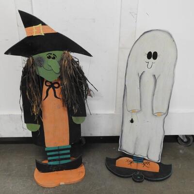 2 pc Halloween Decor: Witch and Ghost Wooden Figures