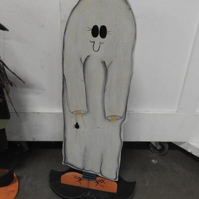 2 pc Halloween Decor: Witch and Ghost Wooden Figures
