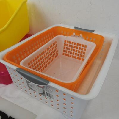 6 pc Small Organizing Bins: 3 Baskets, 2 Yellow Book Bins, Pink 12x12 paper bin