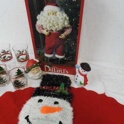 12 pc Holiday Decor: Musical Santa, 7 glasses, Tree Skirt, Ornament, Snowmen