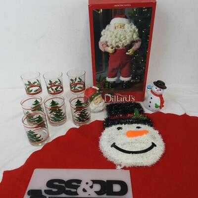 12 pc Holiday Decor: Musical Santa, 7 glasses, Tree Skirt, Ornament, Snowmen