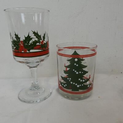 12 pc Holiday Decor: Musical Santa, 7 glasses, Tree Skirt, Ornament, Snowmen