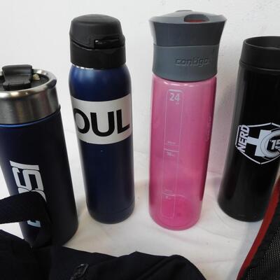 7 pc Sports Lot: 2 Duffle Bags "Abby" 4 Water Bottles, Yaktrax Shoe traction