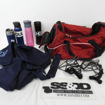 7 pc Sports Lot: 2 Duffle Bags "Abby" 4 Water Bottles, Yaktrax Shoe traction