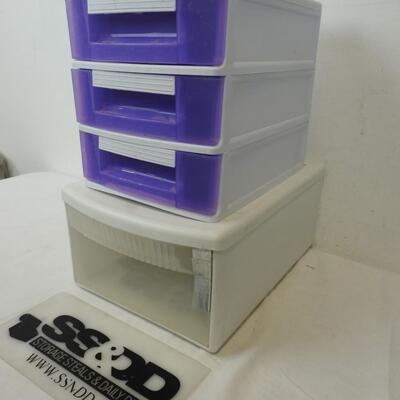 2 pc / 4 Drawers Plastic Organizing Drawers, White/Purple