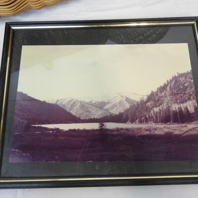 5 pc Home Decor: 3 Frames & 2 Baskets. Faded Framed Photo of Mountains & Water