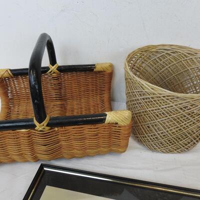 5 pc Home Decor: 3 Frames & 2 Baskets. Faded Framed Photo of Mountains & Water