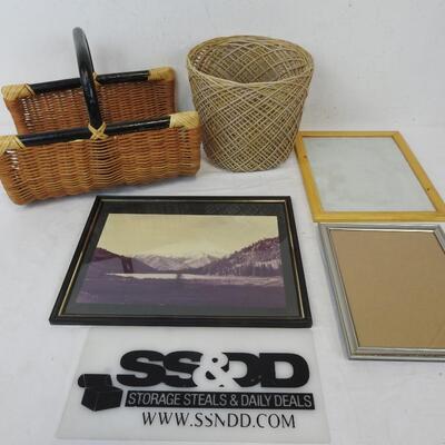 5 pc Home Decor: 3 Frames & 2 Baskets. Faded Framed Photo of Mountains & Water