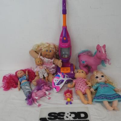 10 pc Kids Toys: Play Vacuum, Dolls, Horses, Mermaid, Troll, Mask, Cabbage Patch