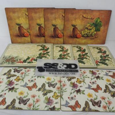 10 pc Placemats Solid, Cork Back. Fruit/Christmas/Butterflies - Vintage