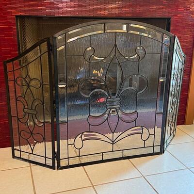 Fleur-de-lis Black Metal & Beveled Glass Fireplace Screen