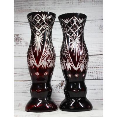 Vintage Cranberry Red Cut to Clear Bohemian Czech Glass Hurricane Vase Candle Holder Pair