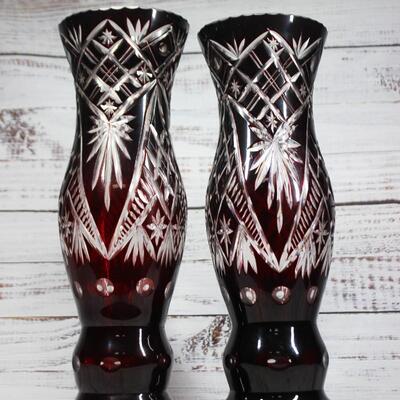 Vintage Cranberry Red Cut to Clear Bohemian Czech Glass Hurricane Vase Candle Holder Pair