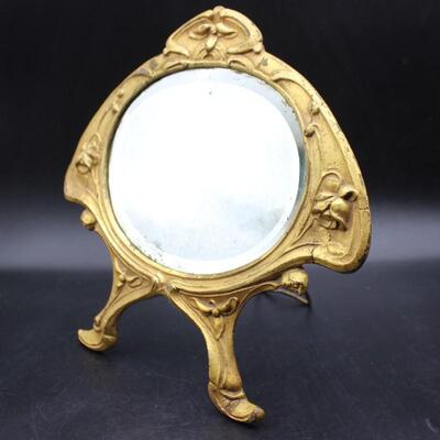 Antique Art Nouveau Bronze Rose Vanity Makeup Powder Mirror