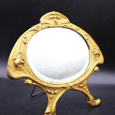 Antique Art Nouveau Bronze Rose Vanity Makeup Powder Mirror