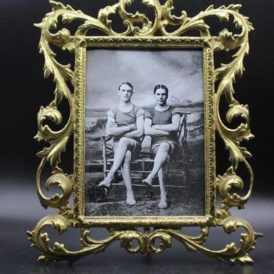Vintage Bronze Metal Art Nouveau Style Gold Frame with a Photo of Two Gentlemen in Swimming Suits