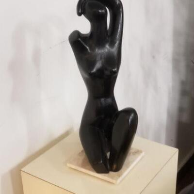 Elegant Mid-Century Modern Figural Solid Wood Sculpture of Woman w/ Black Finish