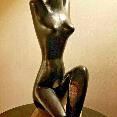 Elegant Mid-Century Modern Figural Solid Wood Sculpture of Woman w/ Black Finish