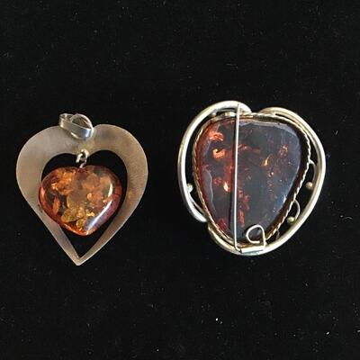 Lot Mexico Sterling Silver And Amber Pendant Necklace 2 Sterling pendants