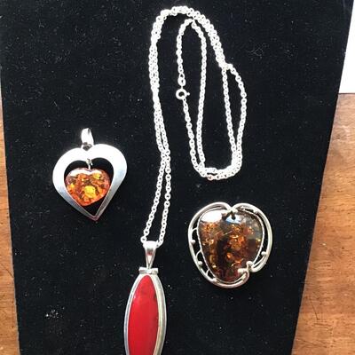 Lot Mexico Sterling Silver And Amber Pendant Necklace 2 Sterling pendants