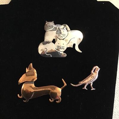 Lot Mexico Sterling Silver Cat Pin & Copper Dog Pin & Bird Pin