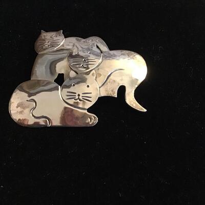 Lot Mexico Sterling Silver Cat Pin & Copper Dog Pin & Bird Pin