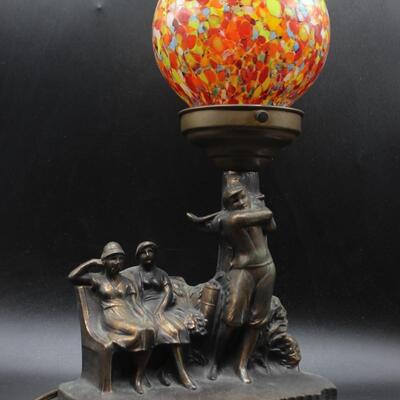 Antique Bronze Metal Golfer Swinging With Onlookers Art Deco Lamp