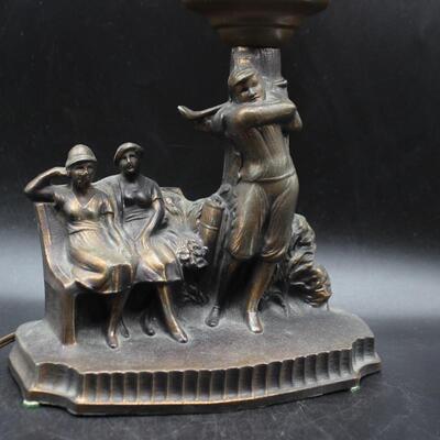 Antique Bronze Metal Golfer Swinging With Onlookers Art Deco Lamp