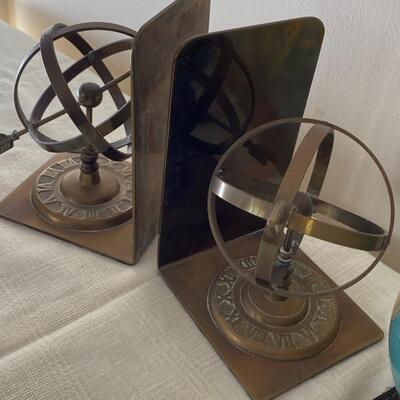Vintage Brass Globe Bookends and Small Leather Globe Desk Set