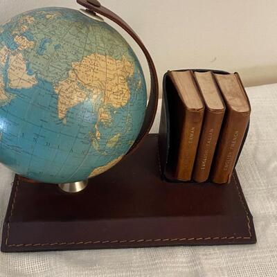 Vintage Brass Globe Bookends and Small Leather Globe Desk Set