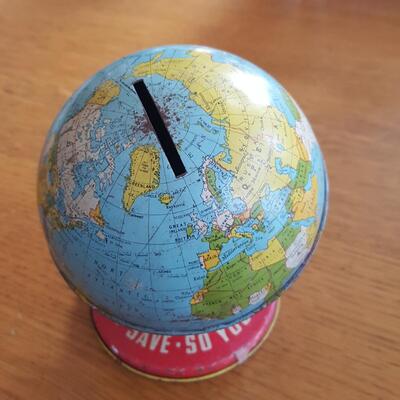 Vintage Metal World Globe Bank