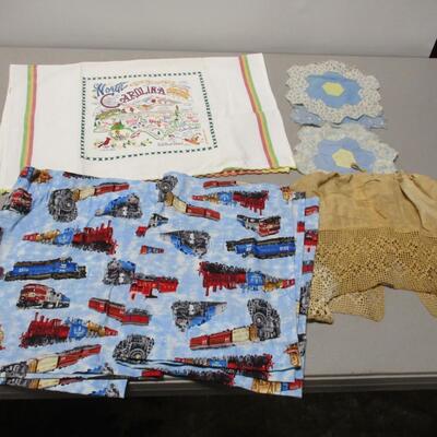 Vintage Fabric Includes Train Themed Valances, Tea-Stained Camisole, and Doilies
