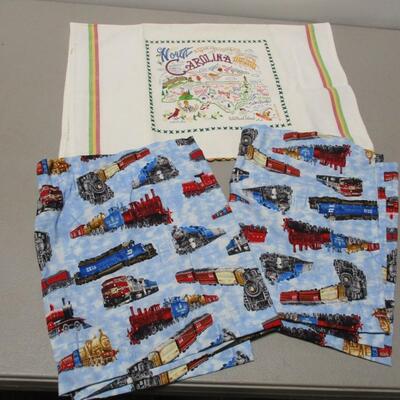 Vintage Fabric Includes Train Themed Valances, Tea-Stained Camisole, and Doilies