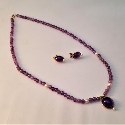 Lot #76  Amethyst and Seed Pearl necklace with matched earrings