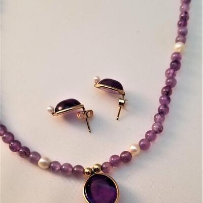 Lot #76  Amethyst and Seed Pearl necklace with matched earrings