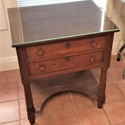 Lot #86  Antique 2 drawer side table = glass top