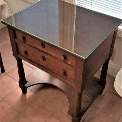Lot #86  Antique 2 drawer side table = glass top