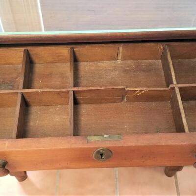 Lot #86  Antique 2 drawer side table = glass top